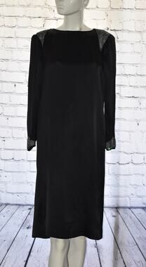 Vintage Albert Nipon Black Satin Rhinestone Cocktail Dress Size 10